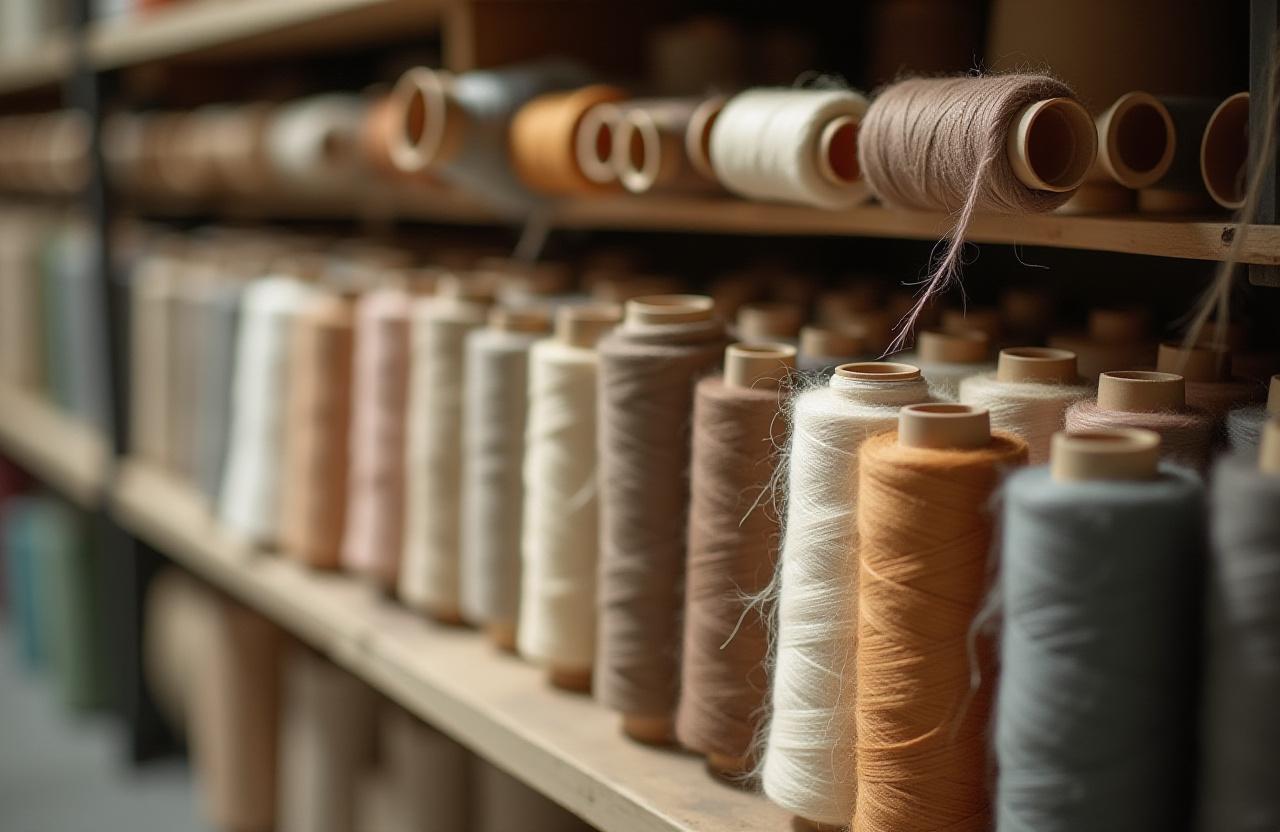 Estantería con bobinas de hilo de algodón y lino de colores naturales