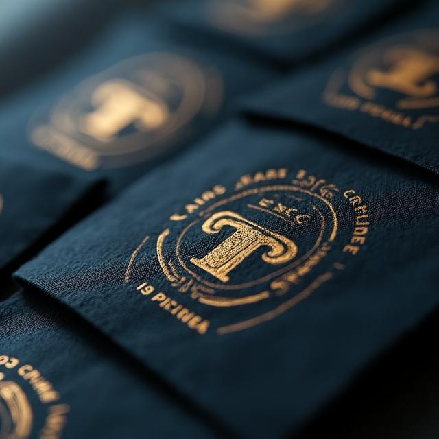 Etiquetas de producto con el logo de Textilia Creaciones en dorado